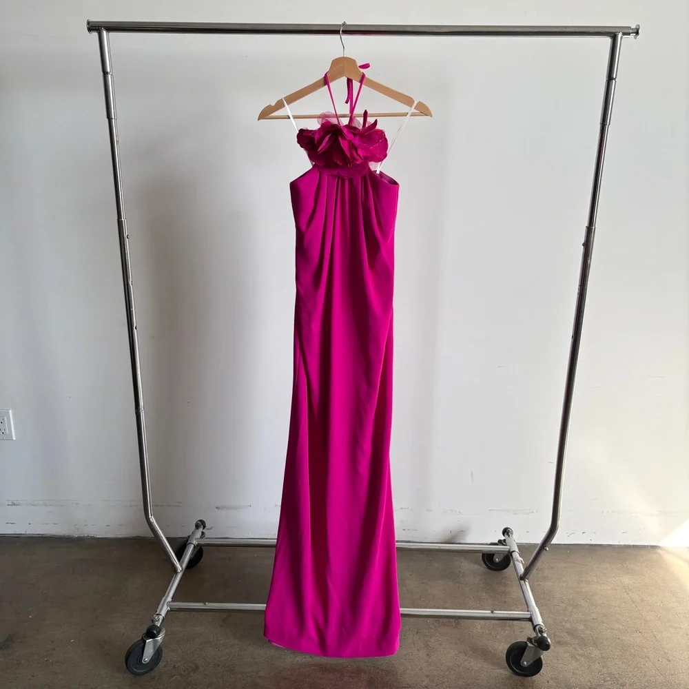Halston Heritage Hot Pink Halter Maxi Dress with Floral Neck Detail - Picture 6 of 16